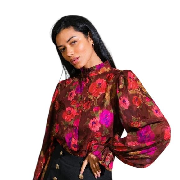 Flying Tomato Burgundy Floral Sheer Blouse with Cami SMALL Victorian Romantic - Picture 1 of 11